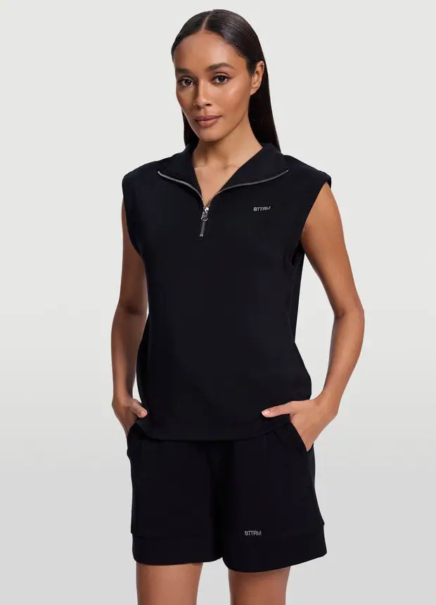 Sleeveless Half-zip Sweatshirt in Black, front view