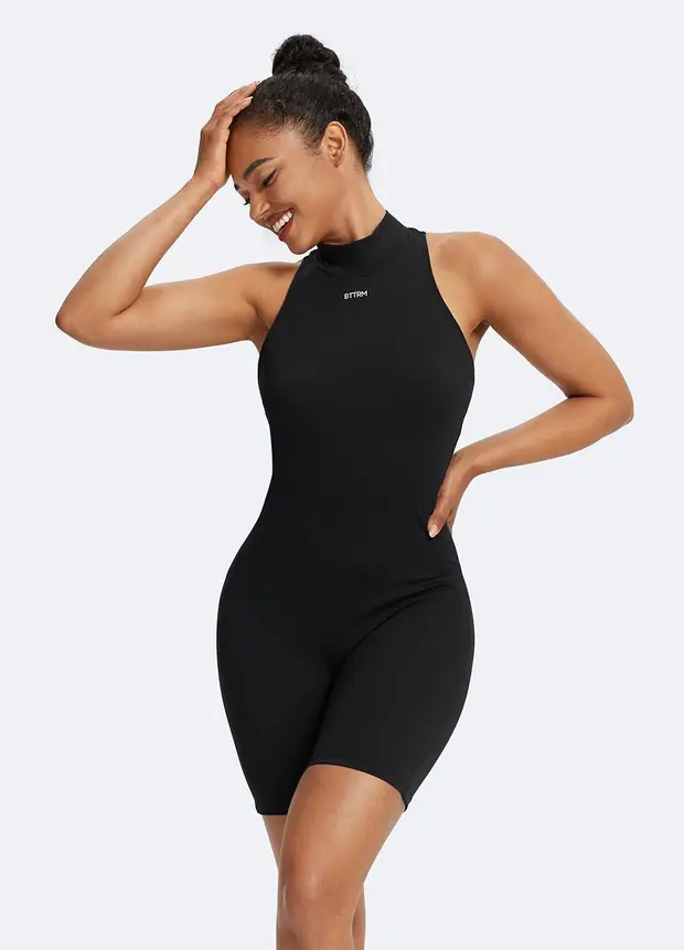 Sleeveless High-neck Bodysuit in Inky Black, front view