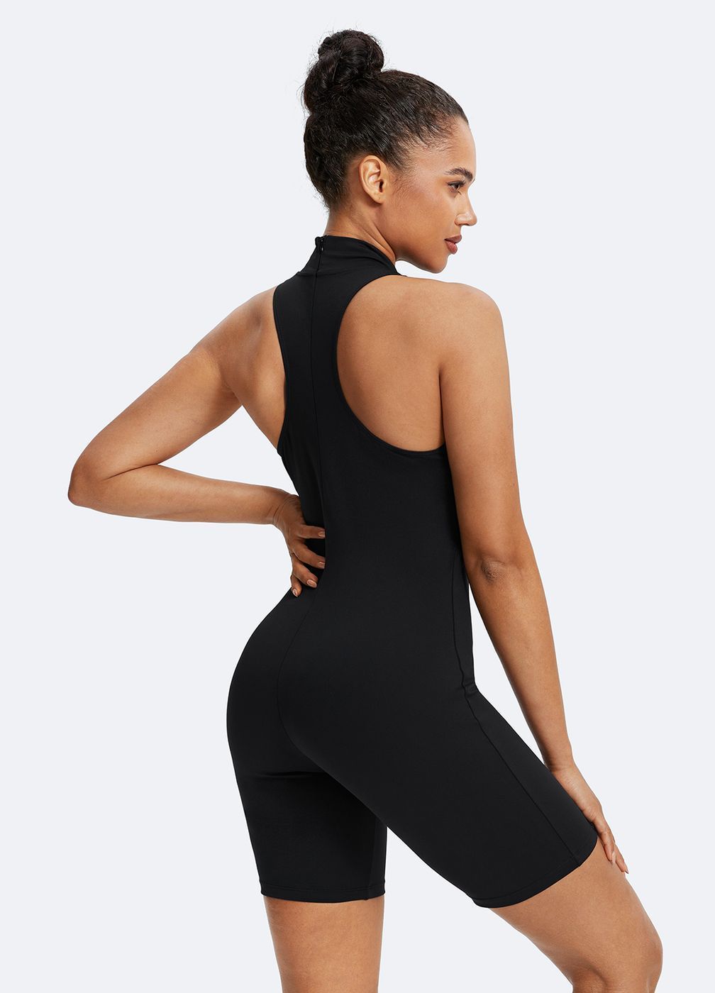 Sleeveless High-neck Bodysuit in Inky Black, detail