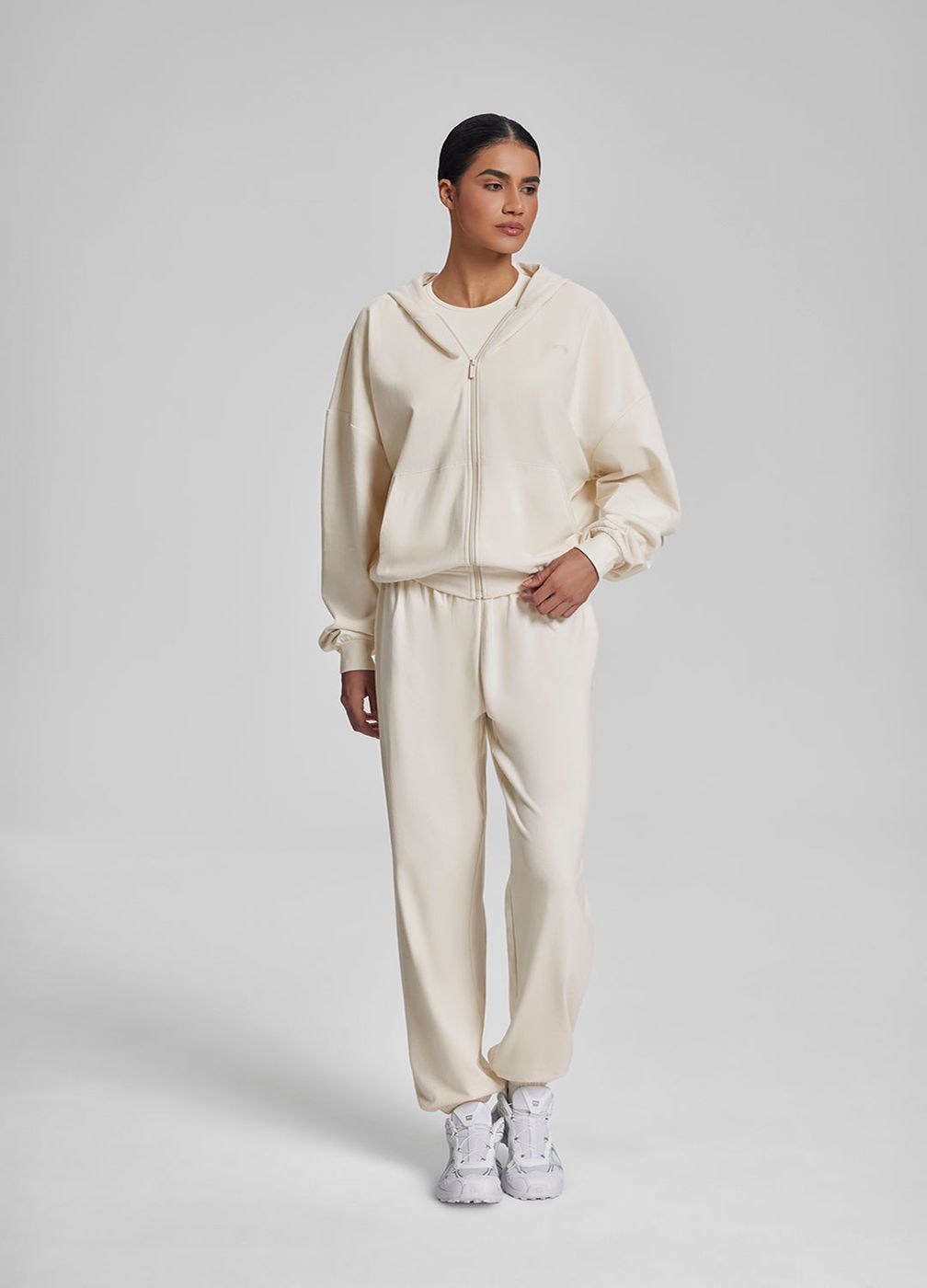 Slouchy Roomy Waistband Cozy Joggers in Ivory, front view