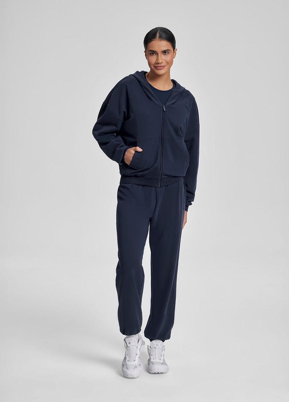 Slouchy Roomy Waistband Cozy Joggers in Midnight Navy, front view