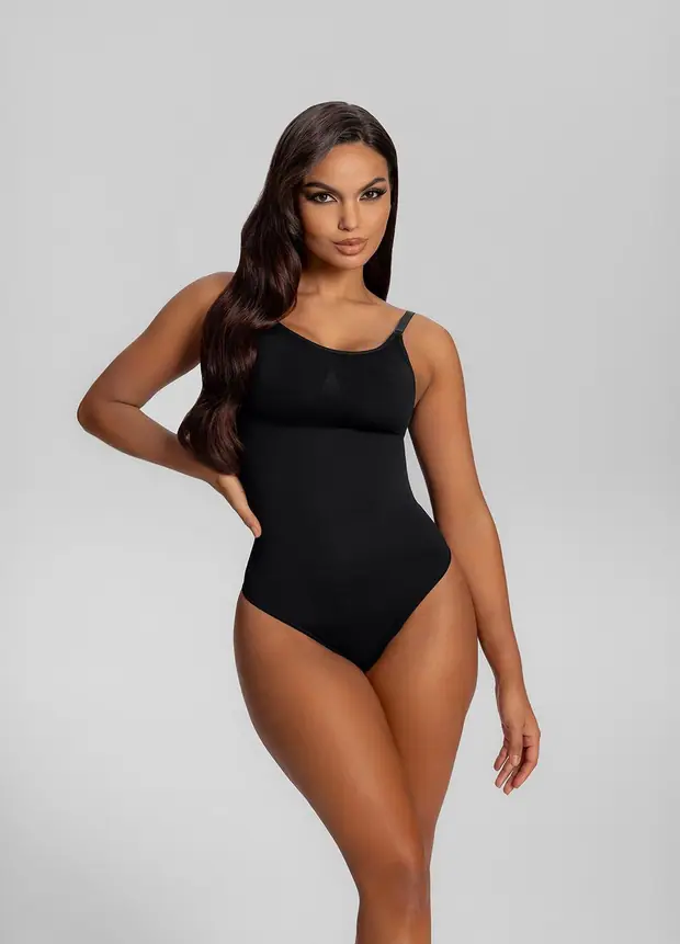 Strap Full Bodysuit in Noir, front view