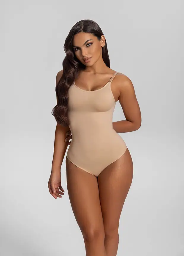 Strap Full Bodysuit in Sand, front view