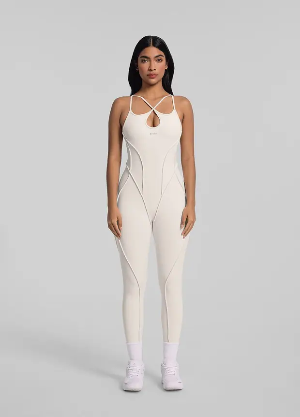 Strappy Back Catsuit in Ivory, front view