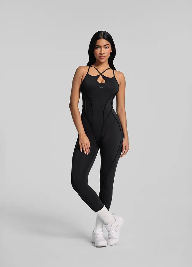 Strappy Back Catsuit in Black, front view