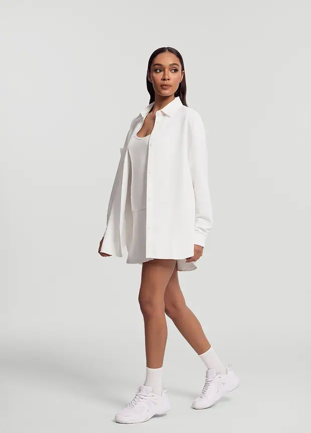 Textured Oversized Button-up Shirt in White, front view