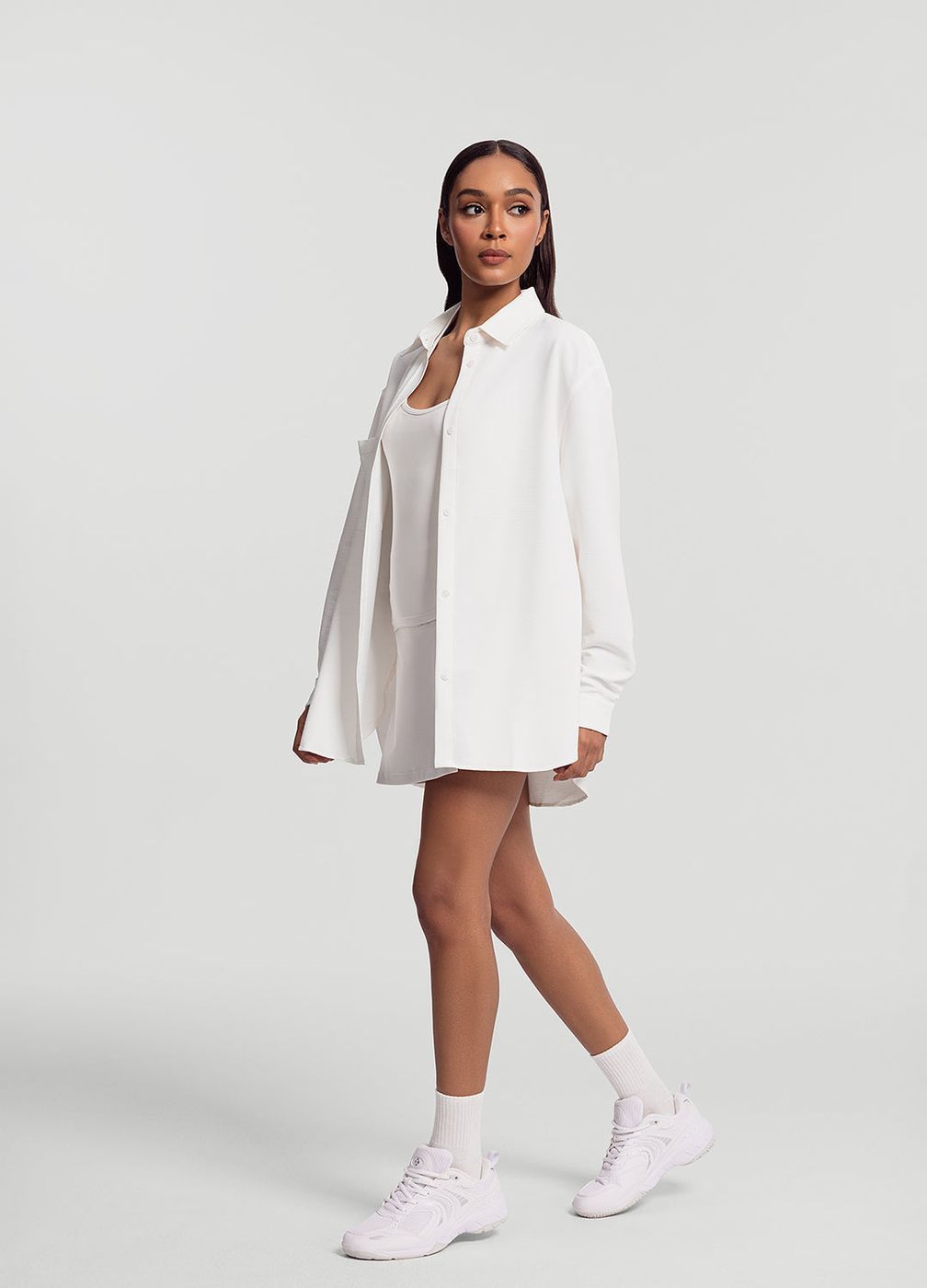 Textured Oversized Button-up Shirt in White, front view