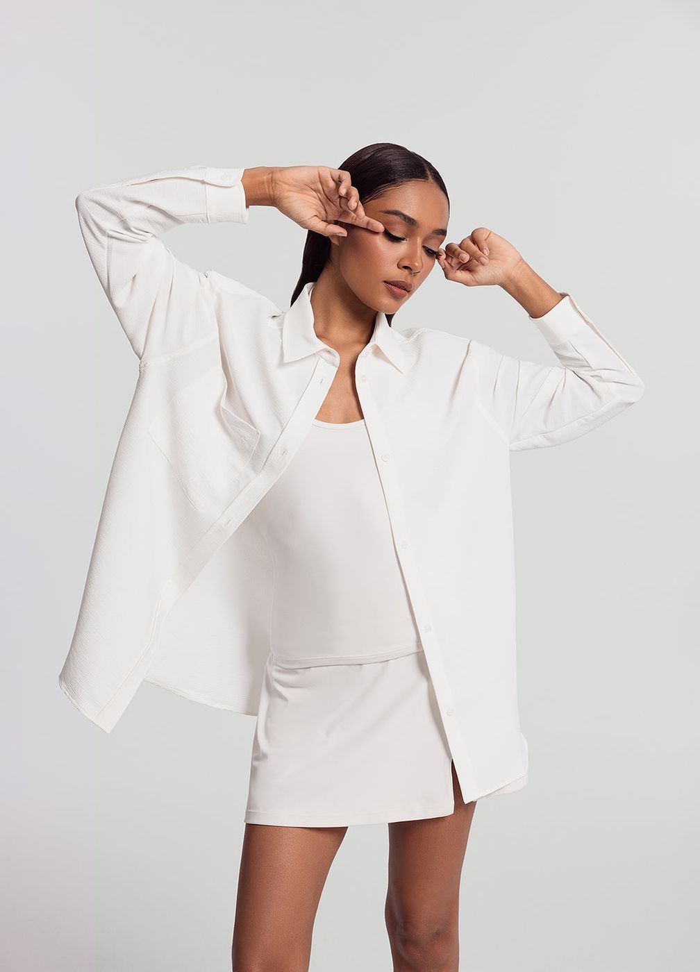 Textured Oversized Button-up Shirt in White, detail