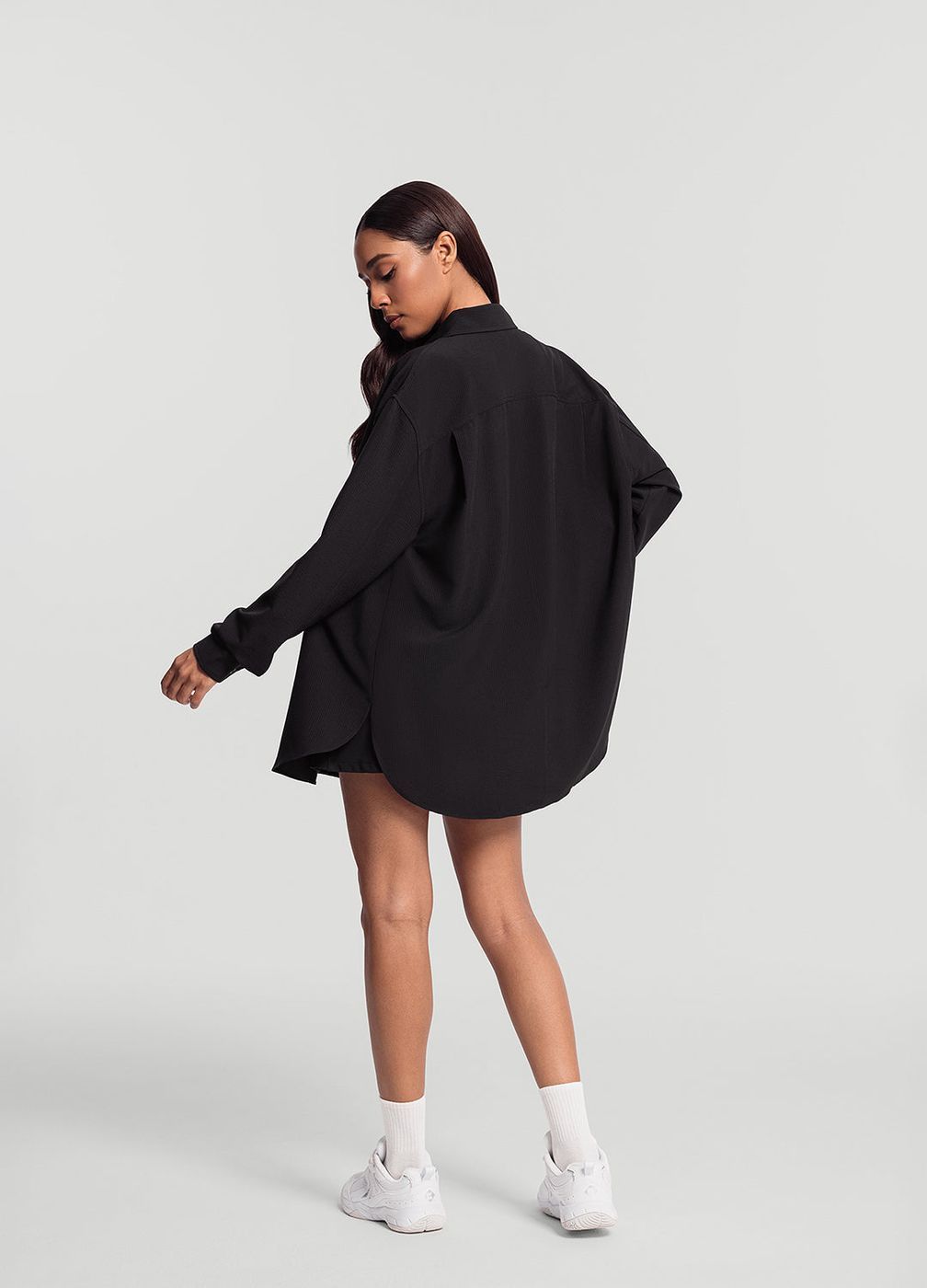 Textured Oversized Button-up Shirt in Black, front view