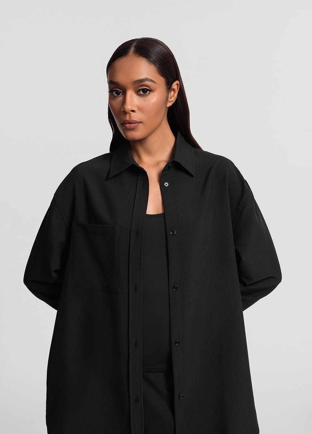 Textured Oversized Button-up Shirt in Black, detail