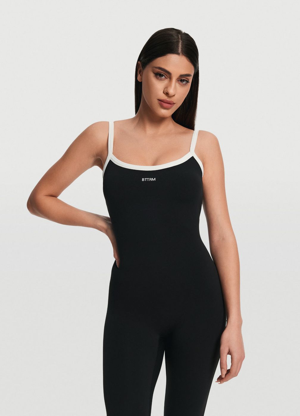 Thin Strap Onesie in Black, front view
