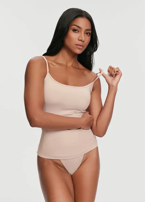 Thin Strap Tank Top in Oat Milk, front view