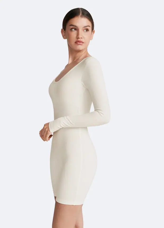 U-back Long Sleeve Bodysuit in White, front view