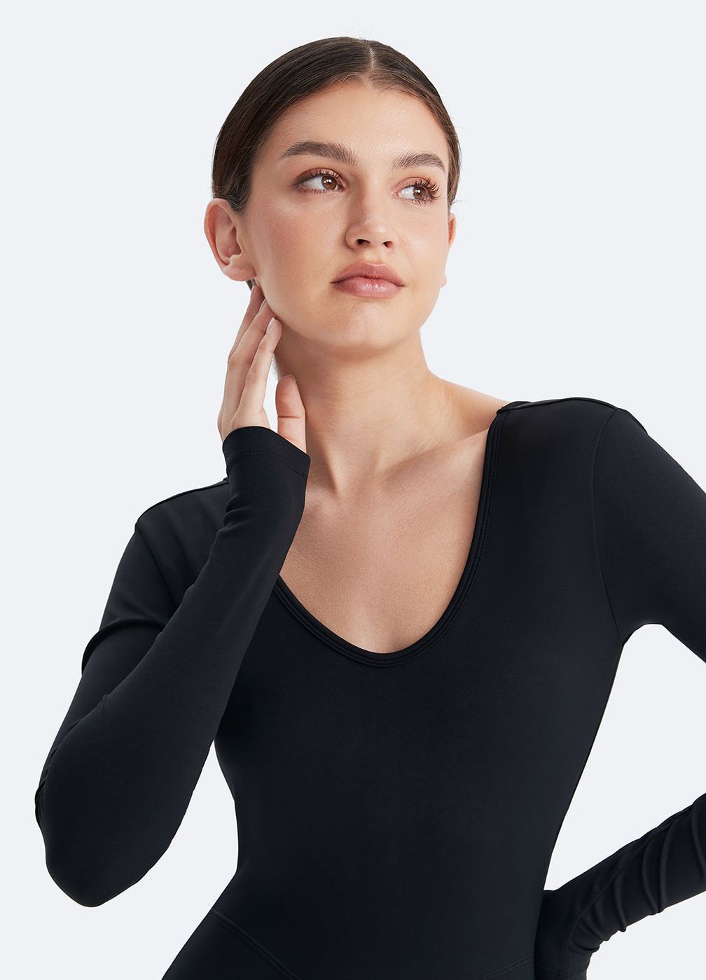 U-back Long Sleeve Bodysuit in Inky Black, detail