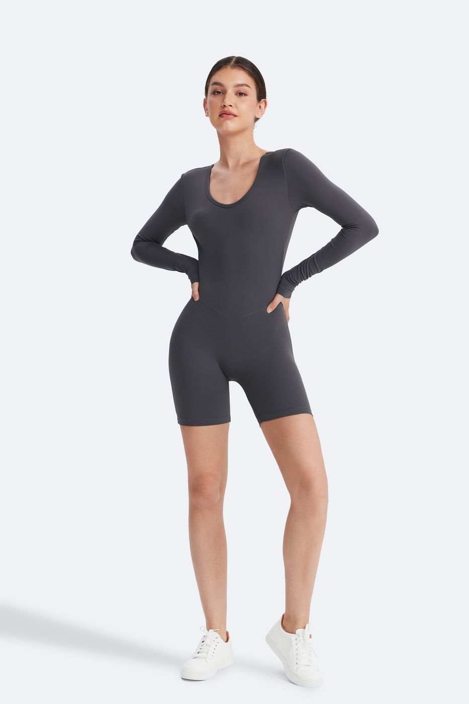 U-back Long Sleeve Bodysuit in Slate Gray, detail