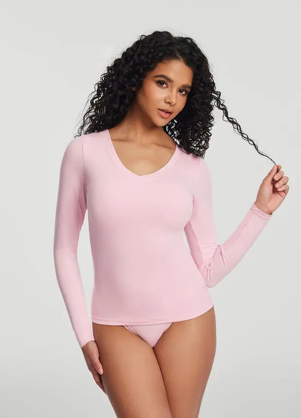 V-neck Long Sleeve Top in Ballet Pink, front view