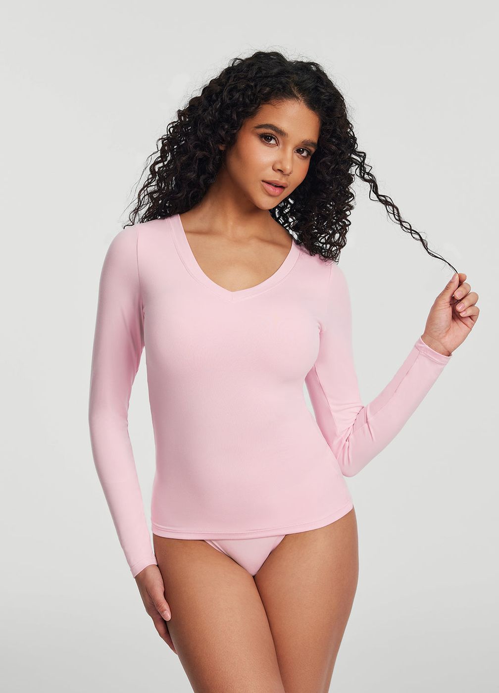 V-neck Long Sleeve Top in Ballet Pink, front view