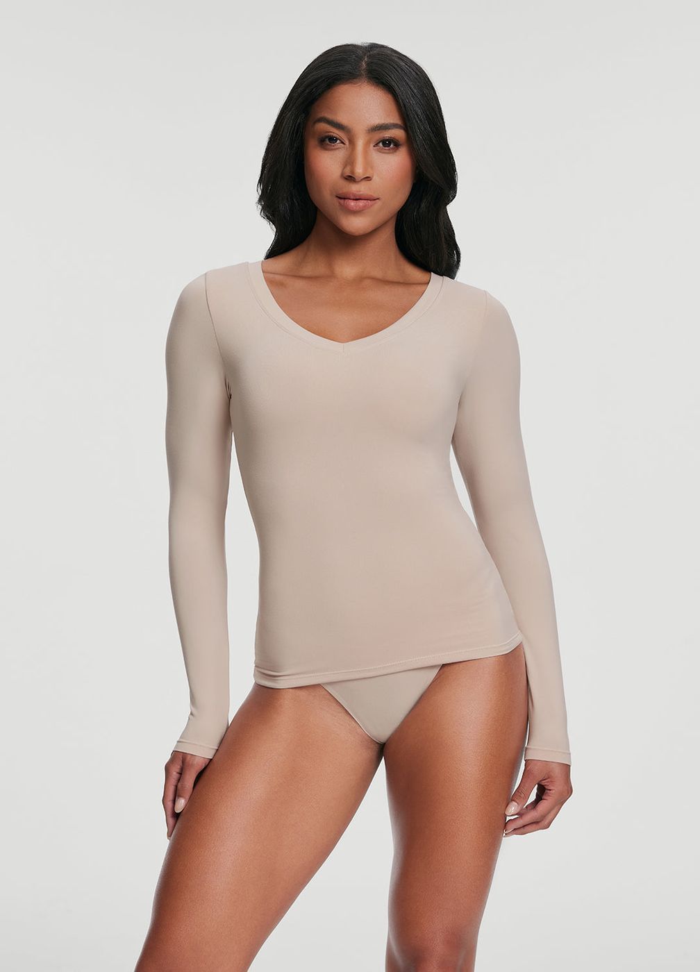 V-neck Long Sleeve Top in Oat Milk, detail