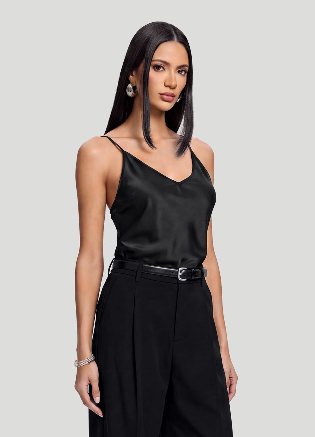 V-neck Satin Cami Top in Black, second view