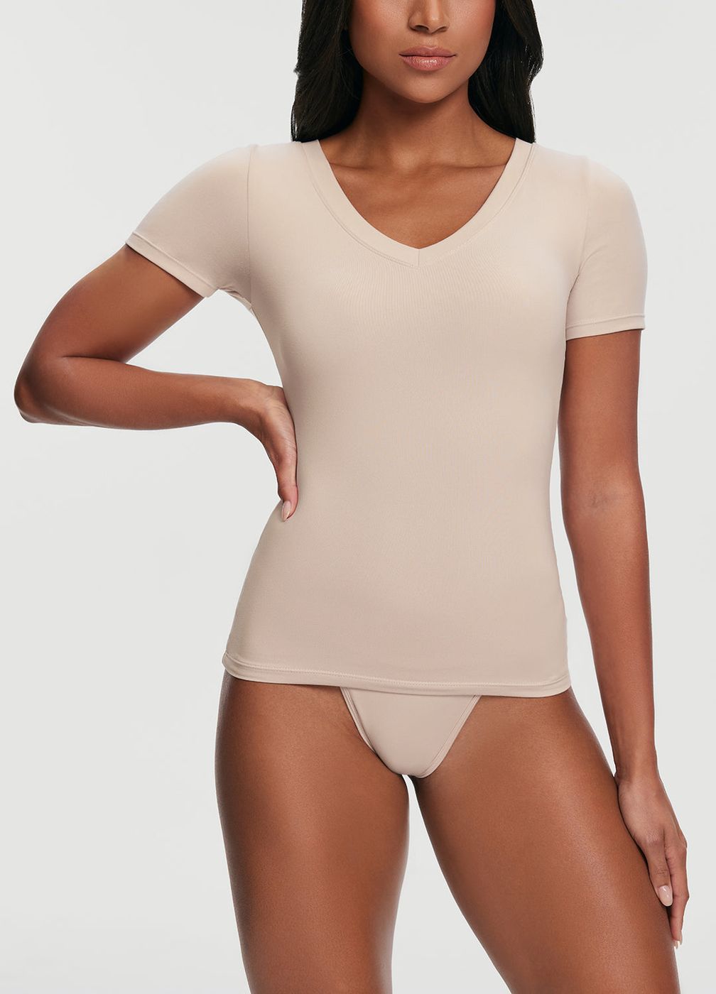V-neck T-shirt in Oat Milk, front view
