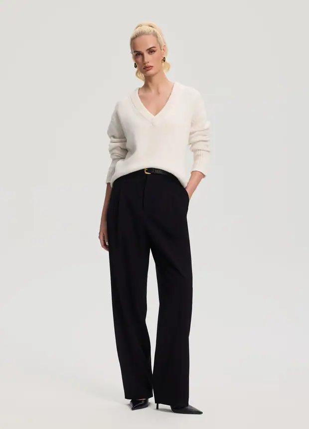 V-neck Wool Sweater in Ivory, front view