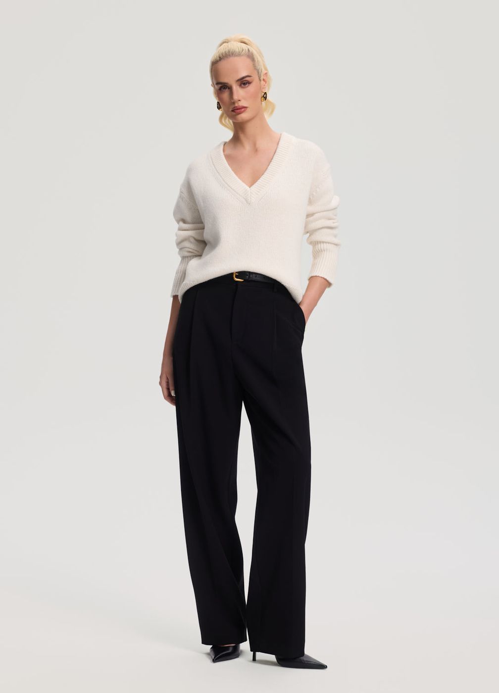 V-neck Wool Sweater in Ivory, front view