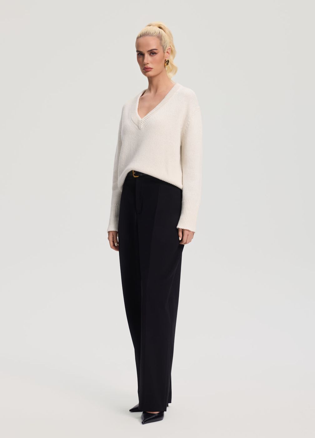 V-neck Wool Sweater in Ivory, second view