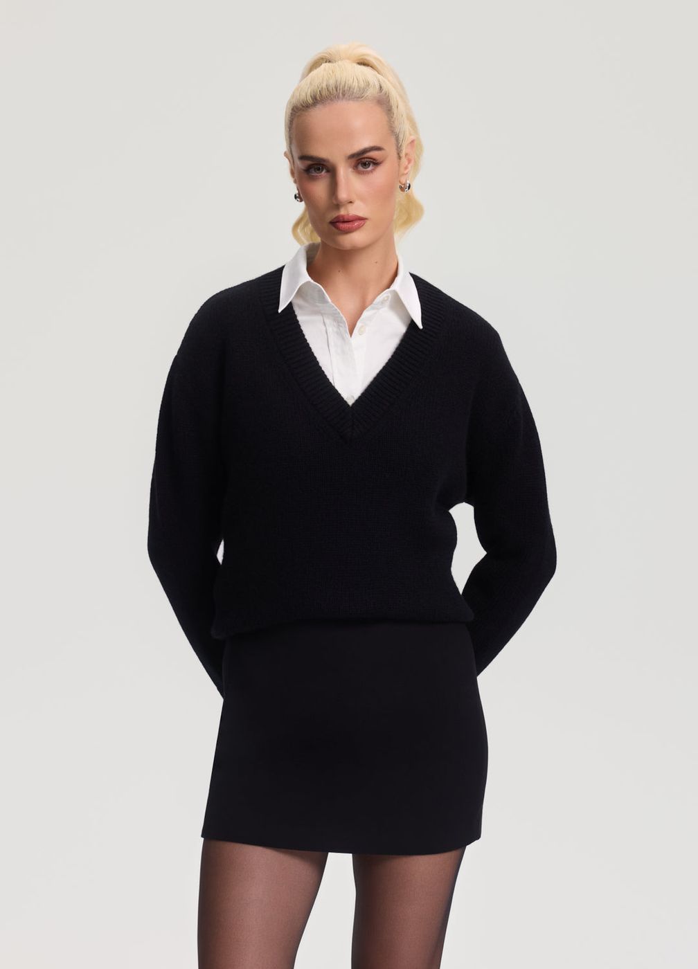 V-neck Wool Sweater in Black, front view