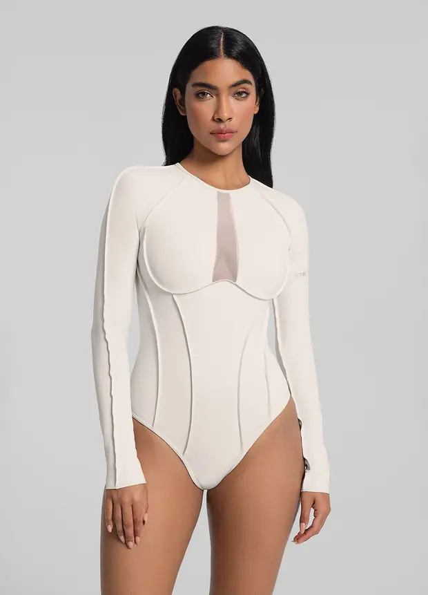 V-panel Mesh Bodysuit in Ivory, front view