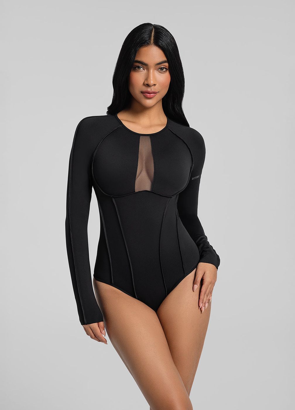 V-panel Mesh Bodysuit in Black, front view