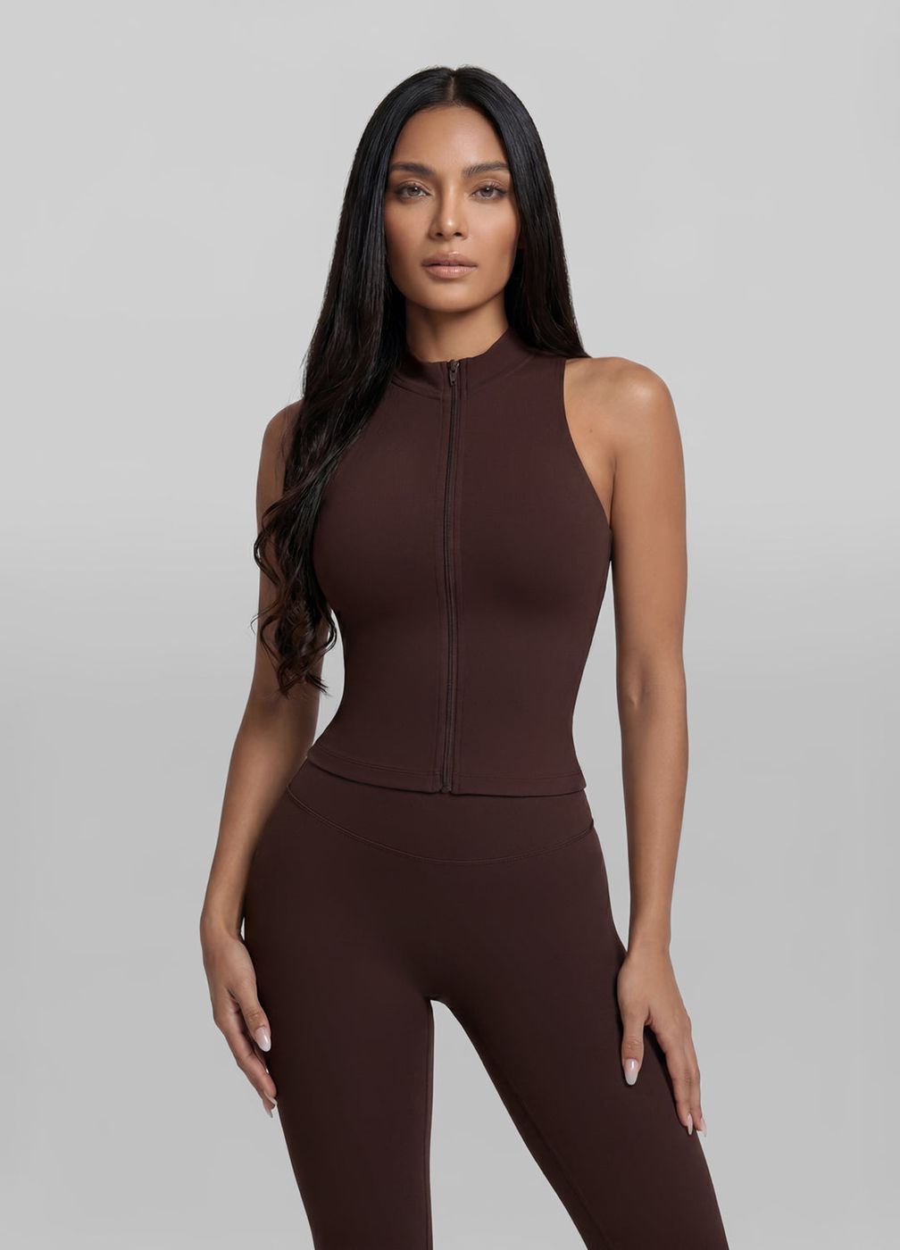 Zip Crop Vest in Chocolate, front view