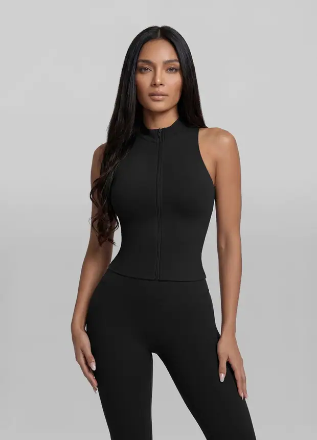 Zip Crop Vest in Black, front view