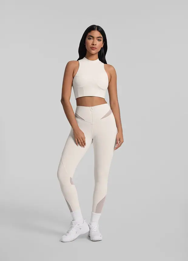 Zip Front Mesh Leggings in Ivory, front view