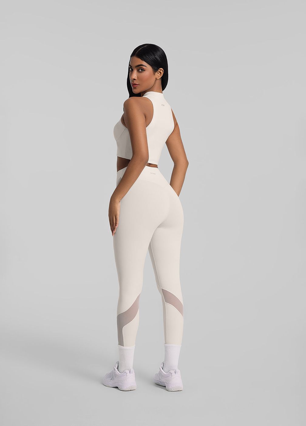 Zip Front Mesh Leggings in Ivory, detail