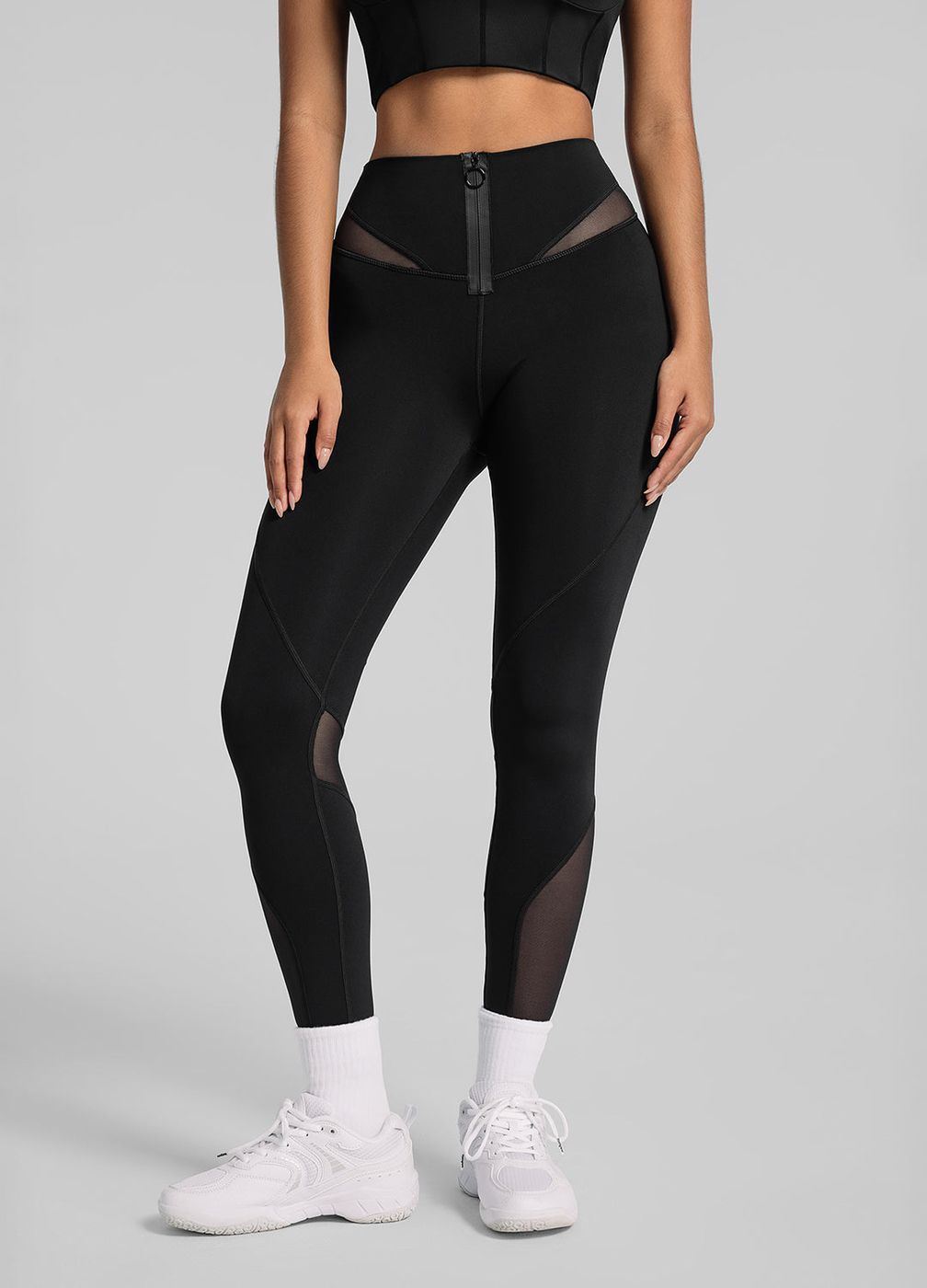 Zip Front Mesh Leggings in Black, front view