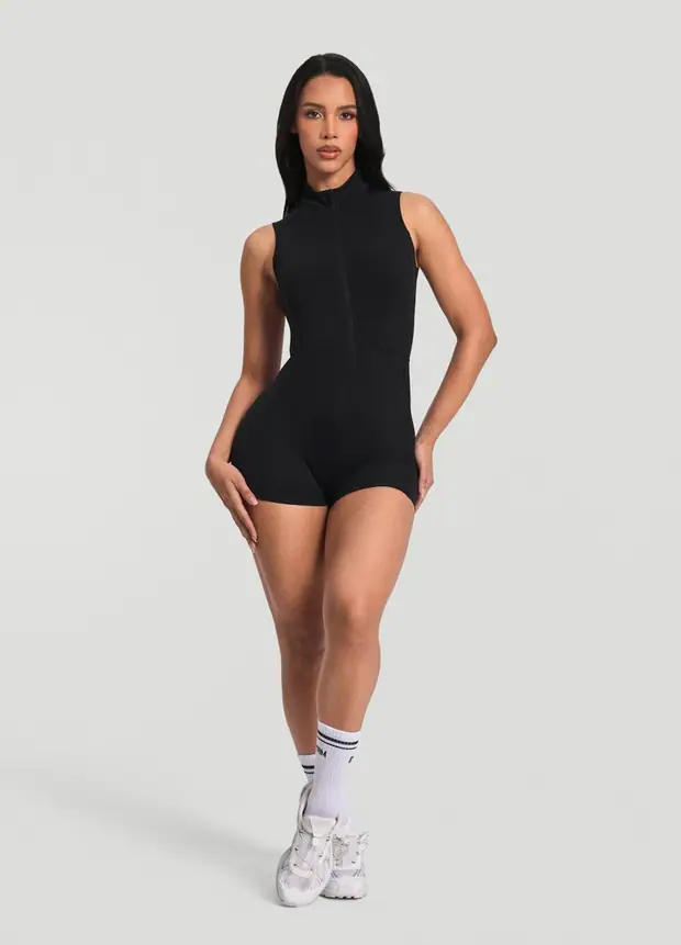 Zip Romper in Black, front view