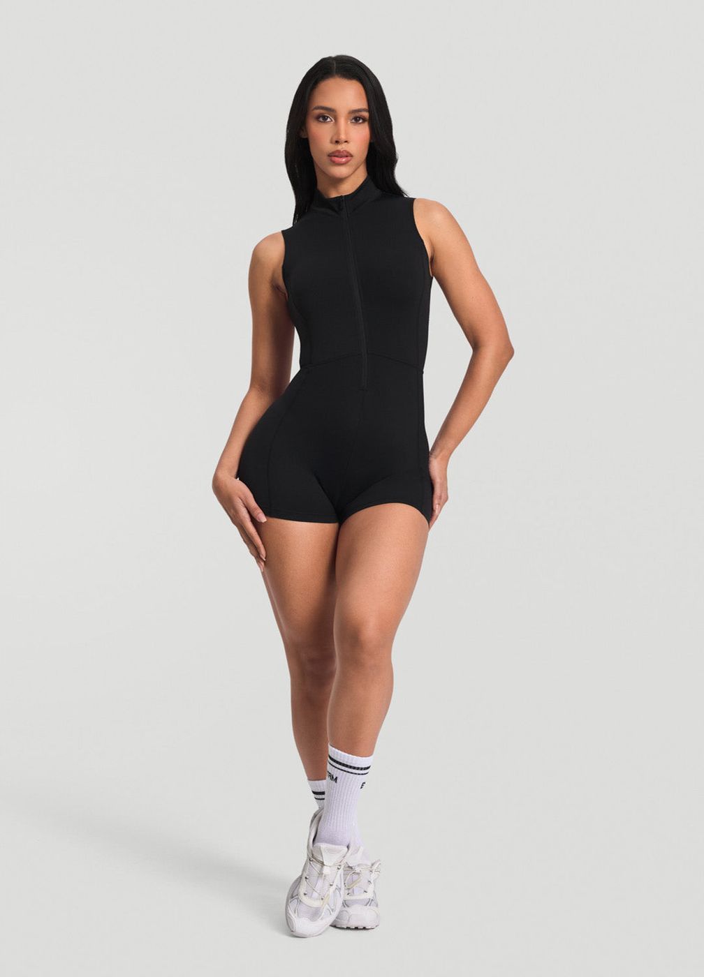 Zip Romper in Black, front view