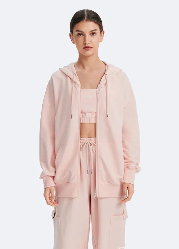 Zip Up Hoodie with Pockets in Marshmallow Pink, front view