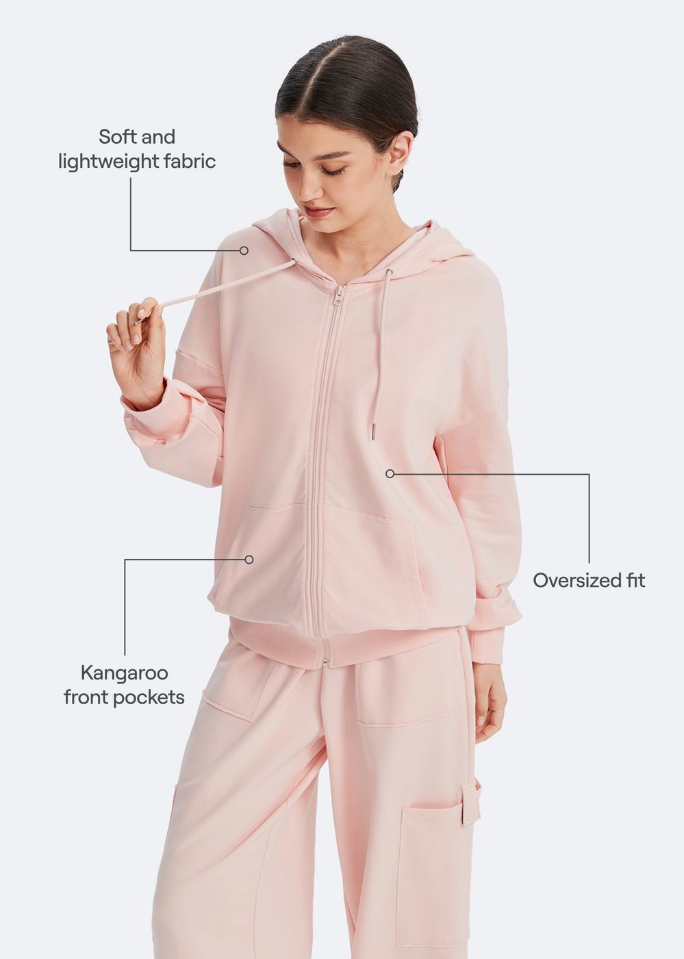 Zip Up Hoodie with Pockets in Marshmallow Pink, second view