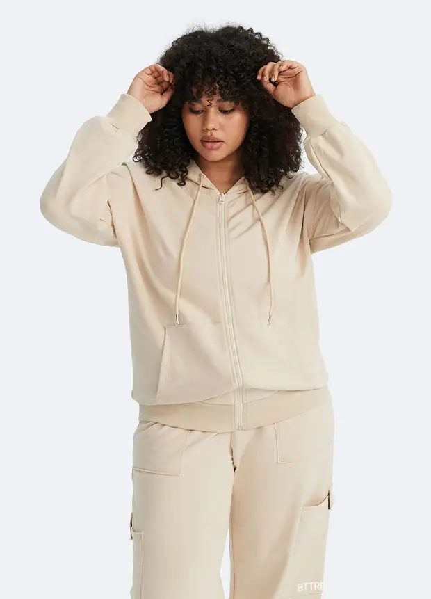 Zip Up Hoodie with Pockets in Oat Milk Beige, front view