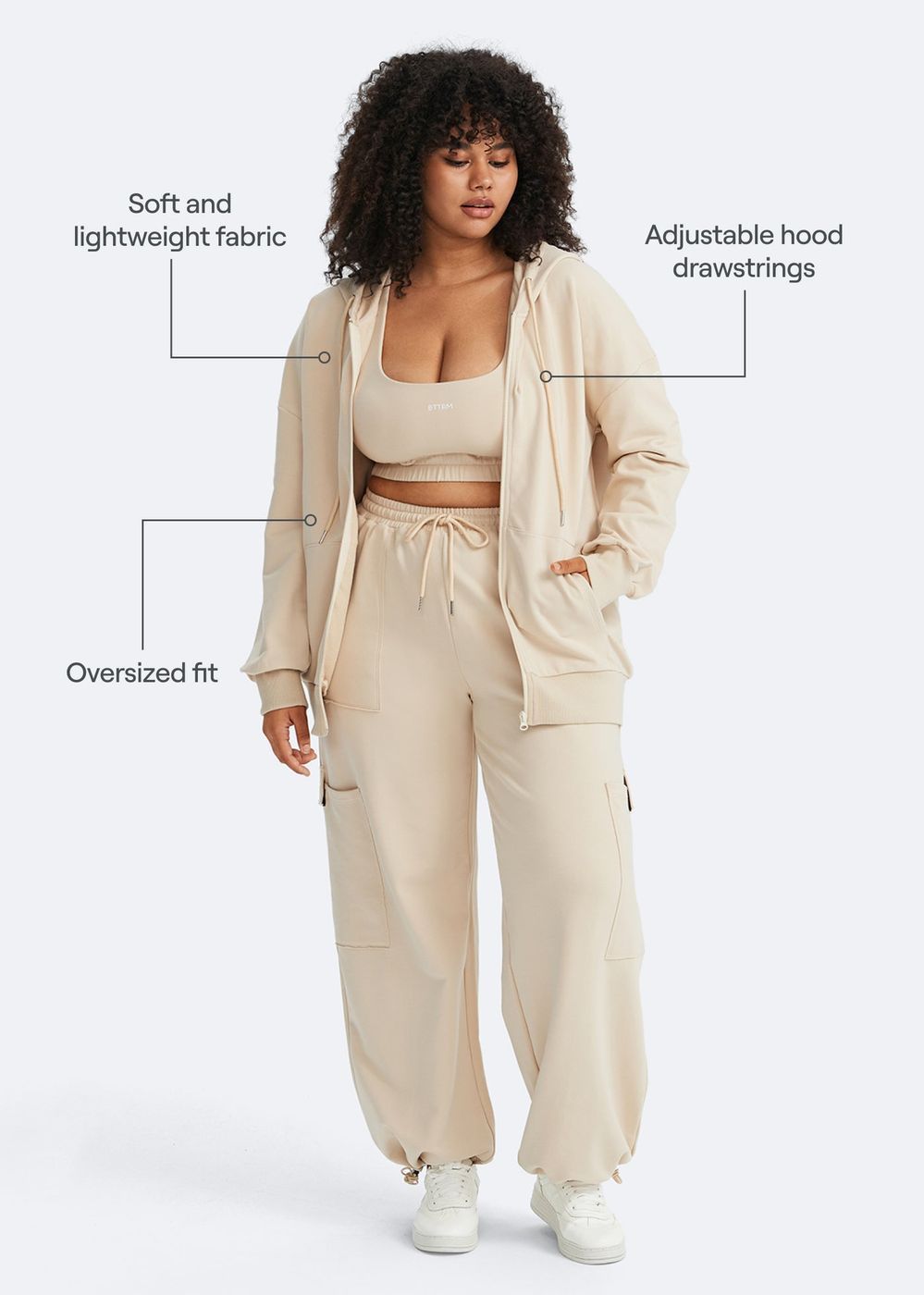 Zip Up Hoodie with Pockets in Oat Milk Beige, second view