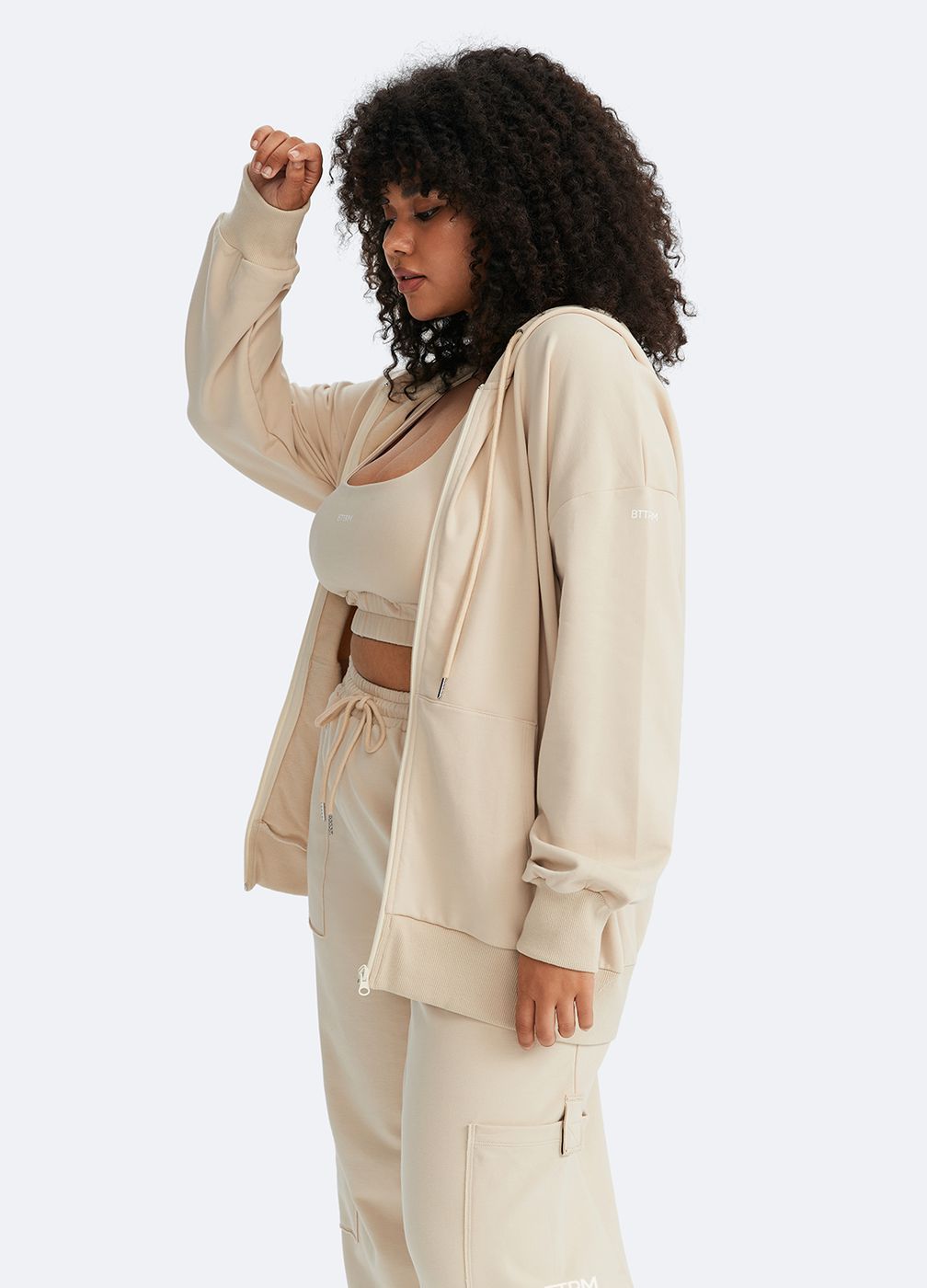 Zip Up Hoodie with Pockets in Oat Milk Beige, detail