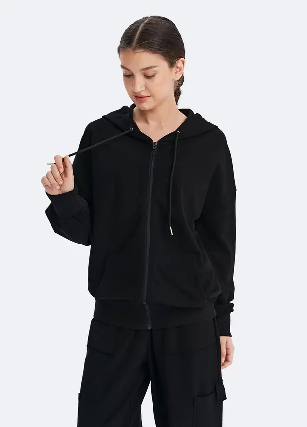 Zip Up Hoodie with Pockets in Black, front view
