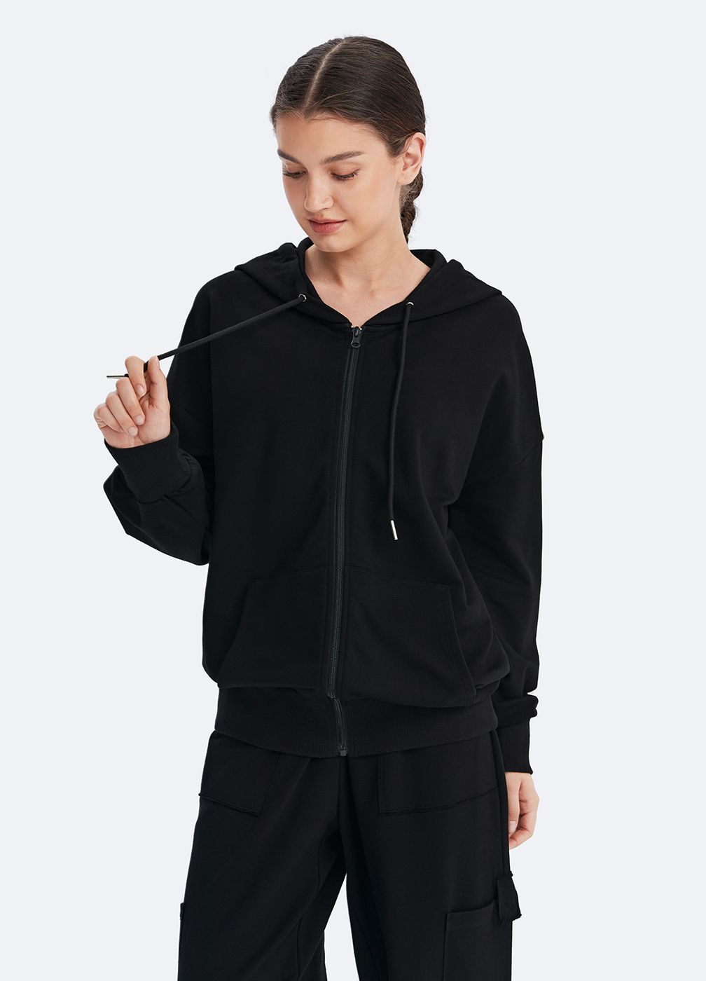 Zip Up Hoodie with Pockets in Black, front view