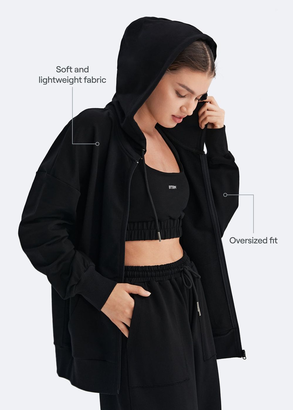 Zip Up Hoodie with Pockets in Black, second view
